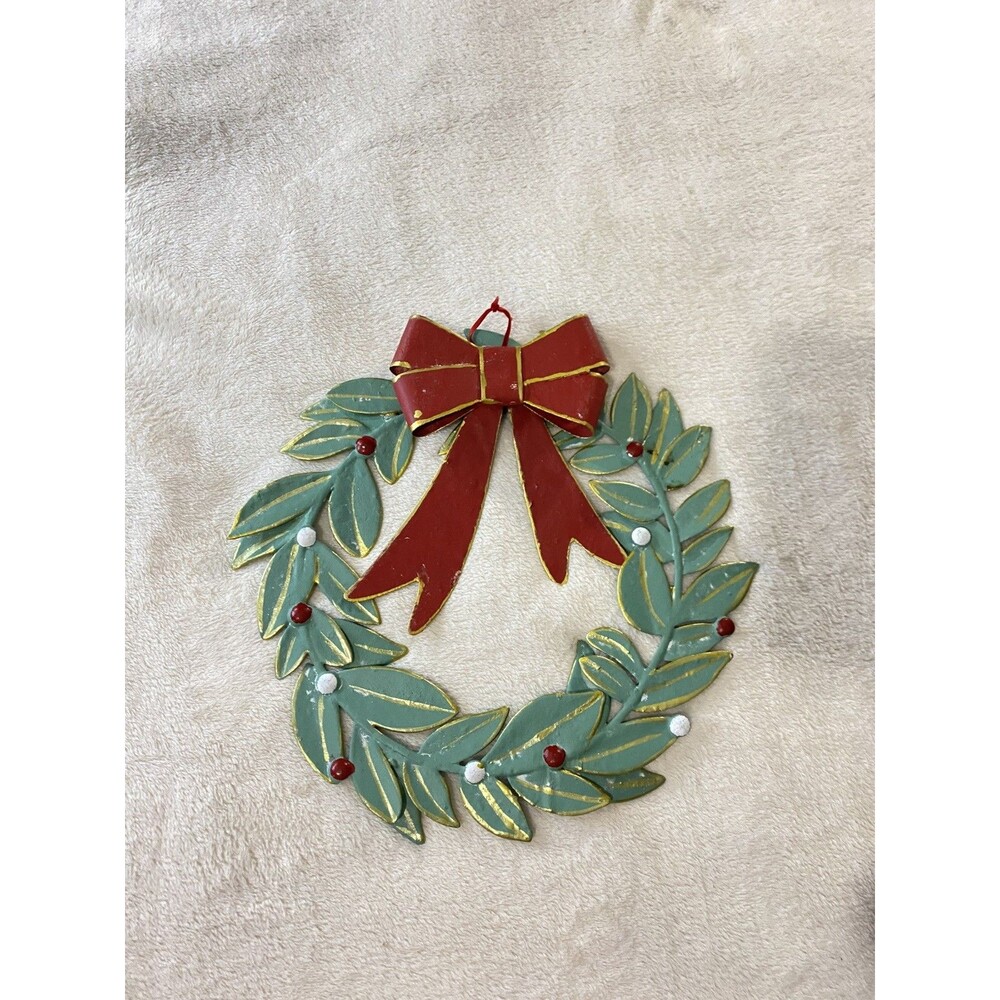 VTG 1980s Metal Christmas Wreath Wall, Door Decor Green Leaves Red Bow Berries - Picture 3 of 14